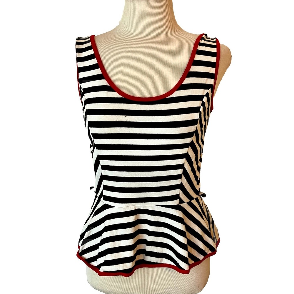 Monteau  Shirt Black Cream Striped Red Trim  Sz‎ M Sleeveless  Blue